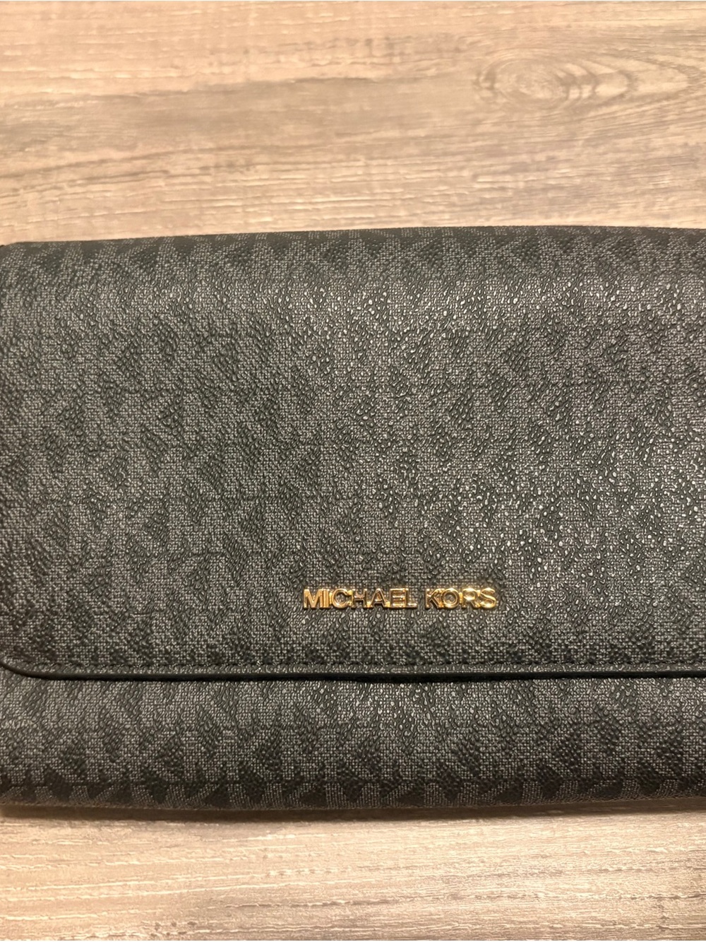 Michael Kors Black Signature Foldover Wallet with Gold Logo